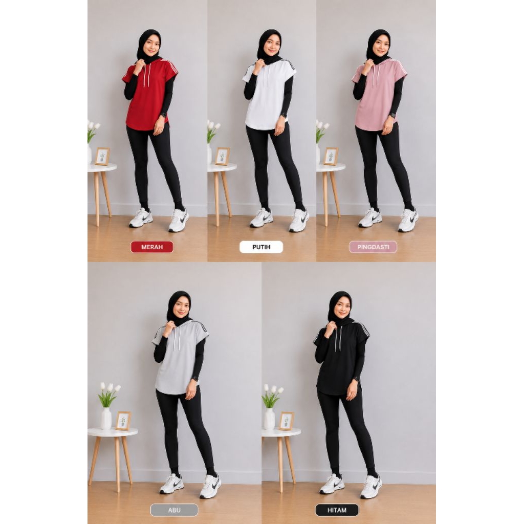 Hoodie Wanita Hijab Sport | Baju Wanita Casual | Atasan Hoodie Lengan Pendek Oversize