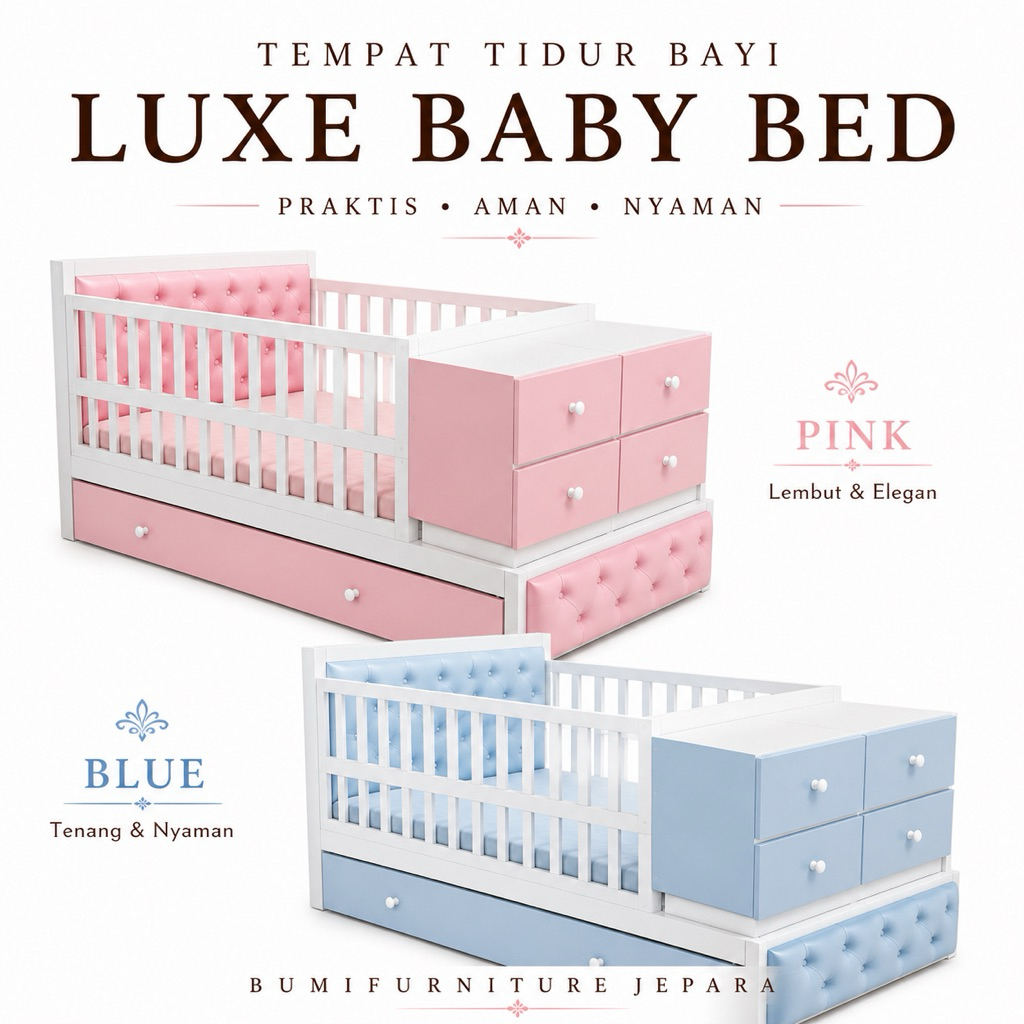 Tempat Tidur Bayi Minimalis Multifungsi Laci Baby Bed Kayu Duco Putih Box Bayi Modern Premium Bumifu