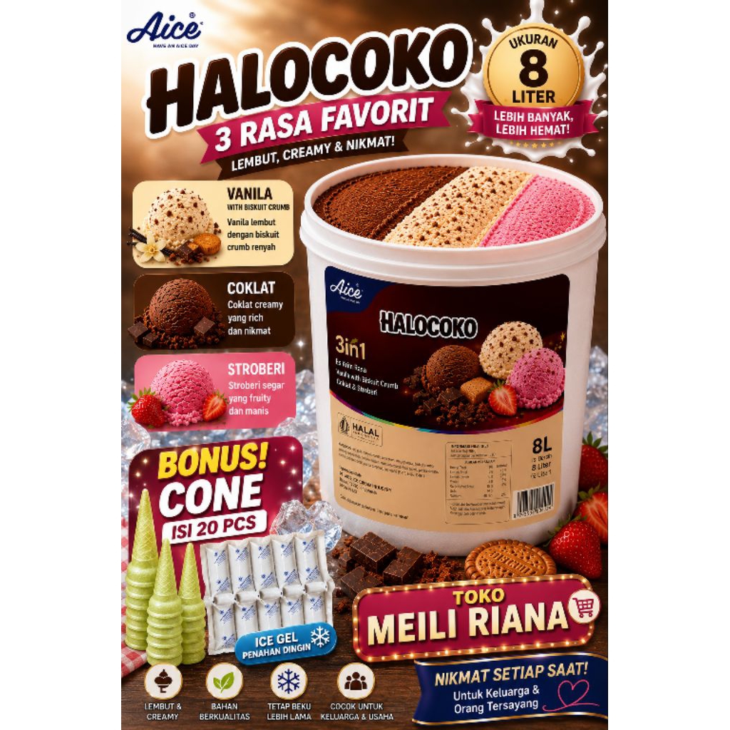 ice cream aice halocoko 3in1 8 liter + BONUS cone isi 20 pcs  / eskrim aice murah Bekasi/ es krim ai