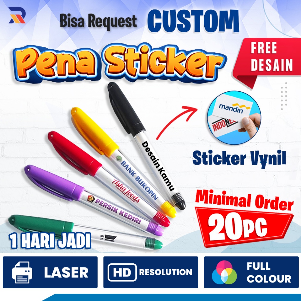Pena Sticker Custom | Ballpoint Bolpen Pena Promosi | Pena Souvenir Premium | Free Custom Desain