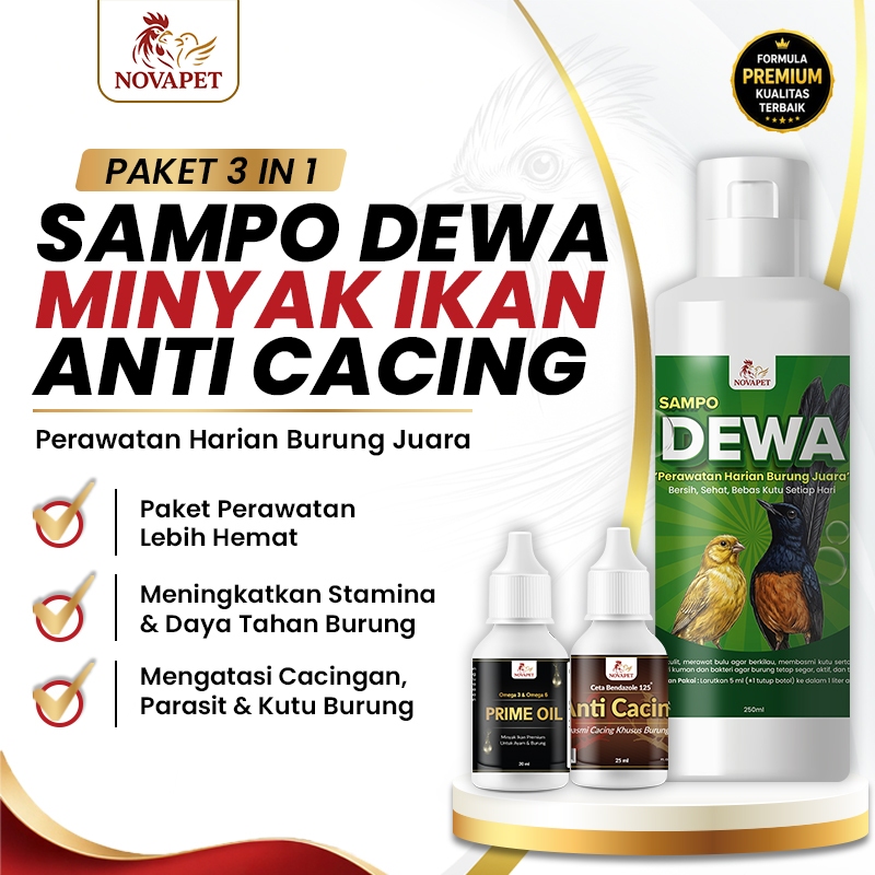 Novapet Paket Sehat Harian - Sampo Dewa + Minyak Ikan Prime Oil + Anti Cacing | Perawatan Lengkap Bu
