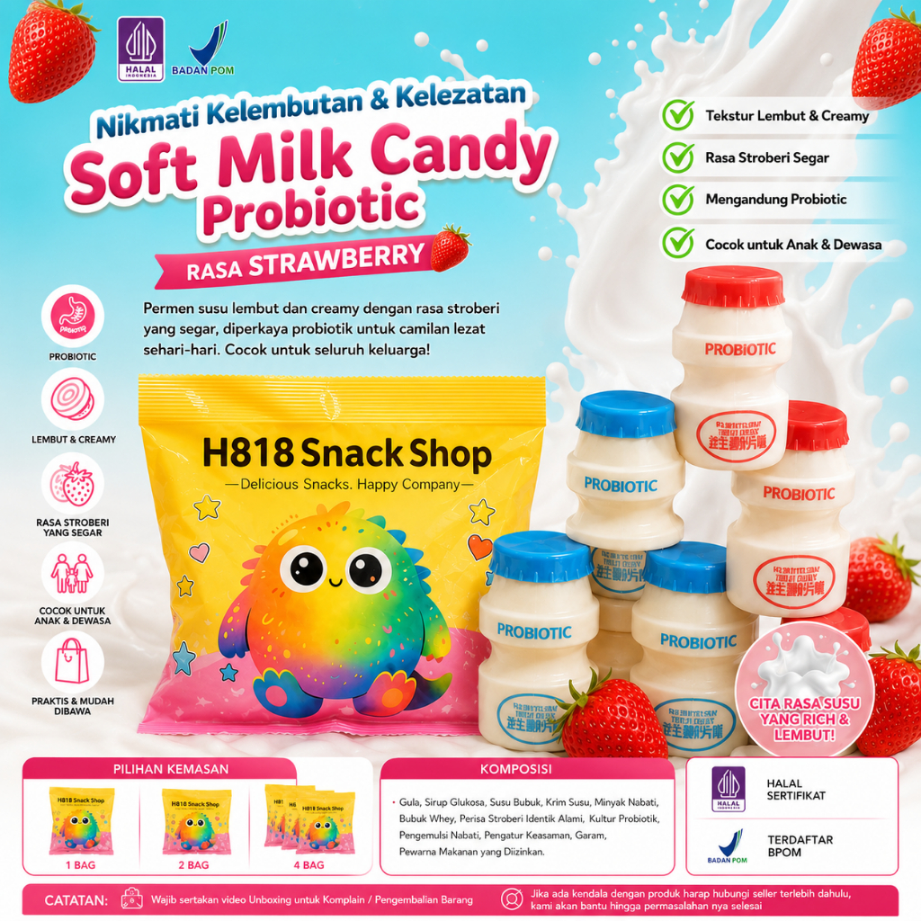 [BPOM & HALAL] Permen Susu Probiotik Rasa Stroberi dengan Tekstur Lembut dan Creamy, Cocok untuk Cam