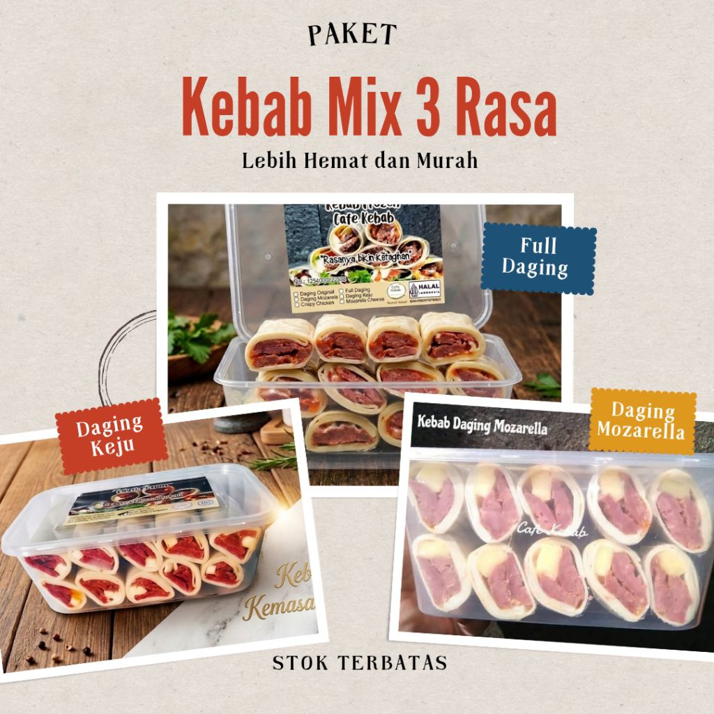 paket kebab 3 box mix (Kebab daging mozarella, kebab full daging dan kebab daging keju) kebab frozen