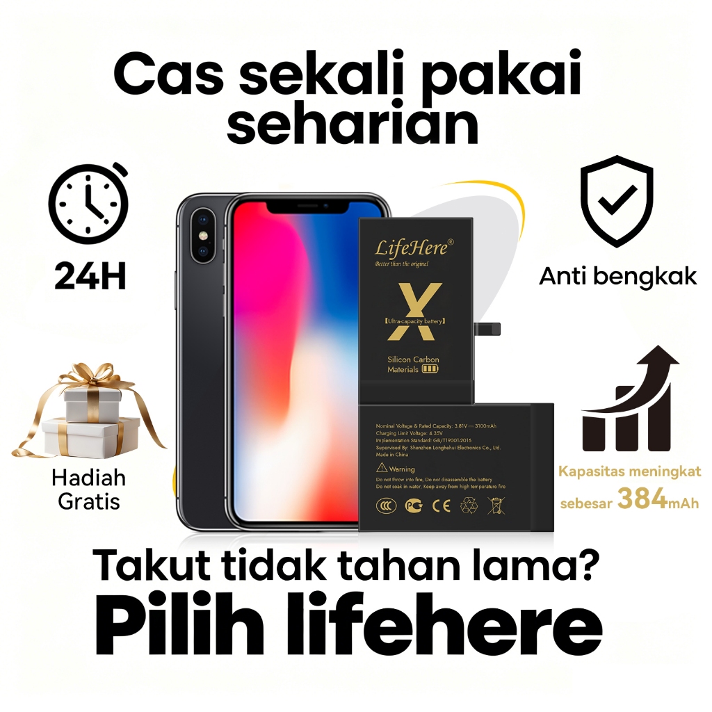 Lifehere baterai Iphone X baterai 3105mah  superkapasitas IPhone X baterai