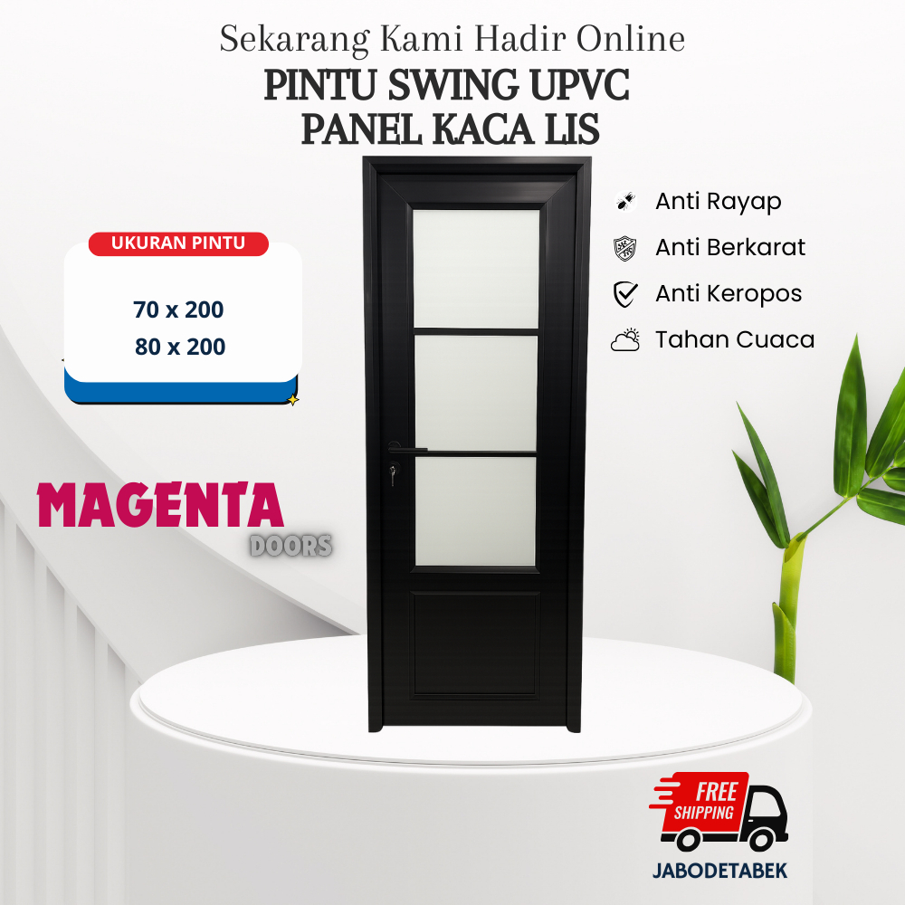 Pintu Swing UPVC Panel List Kaca Pintu Modern Minimalist Warna Hitam Bahan Tebal UPVC MAGENTA