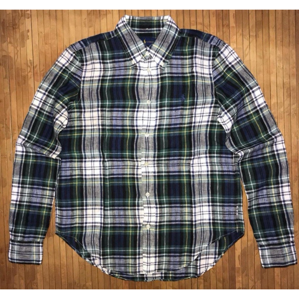 POLO RALPH LAUREN CHECK GINGHAM TARTAN BUTTON DOWN LONG SLEEVE LINEN SHIRT