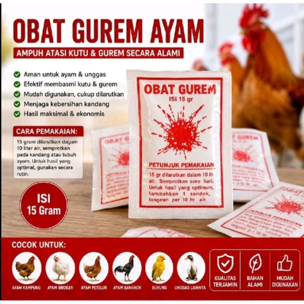 OBAT GUREM ORI  PEMBASMI HAMA, KUTU, SEMUT, & JAMUR AYAM isi 100pcs