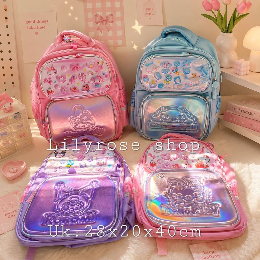 Tas ransel sekolah hologram 16003 CINNAMOROLL HELLO KITTY MY MELODY KUROMI