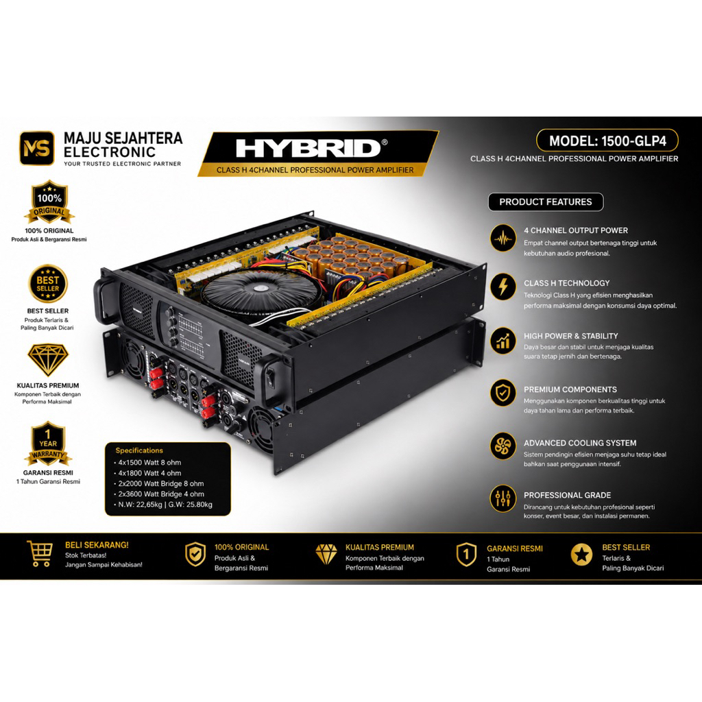 POWER AMPLIFIER 4 CHANNEL CLASS H 4X1500 WATT ORIGINAL HYBRID 1500-GLP4 / 1500 GLP4 / 1500GLP4 GARAN
