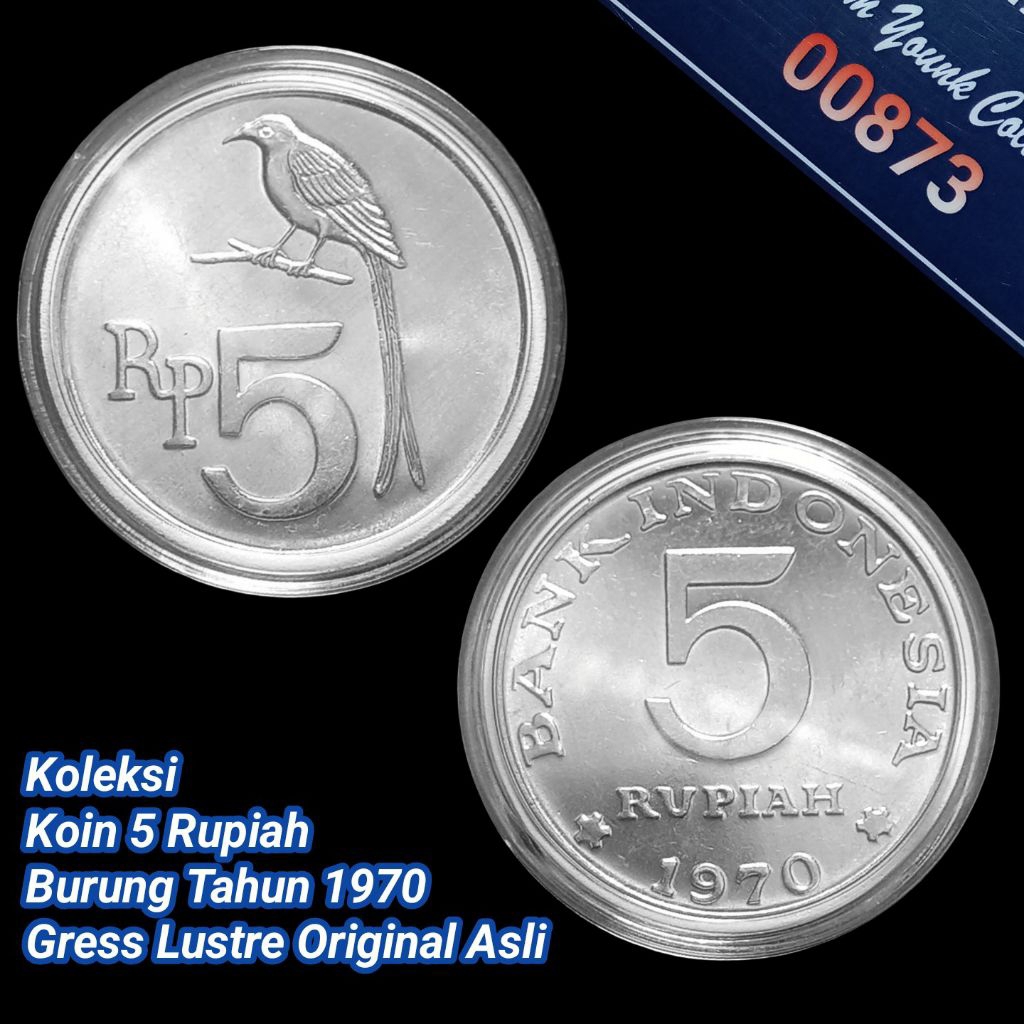 UKI070Coin 5 Rupiah Burung Thn 1970 Gress Kilau Lustre Original