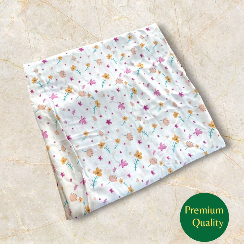 Kain Katun Rayon Viscose Premium - Kain Katun Motif Bunga Pastel Pink Biru Premium Lembut Adem - Kai