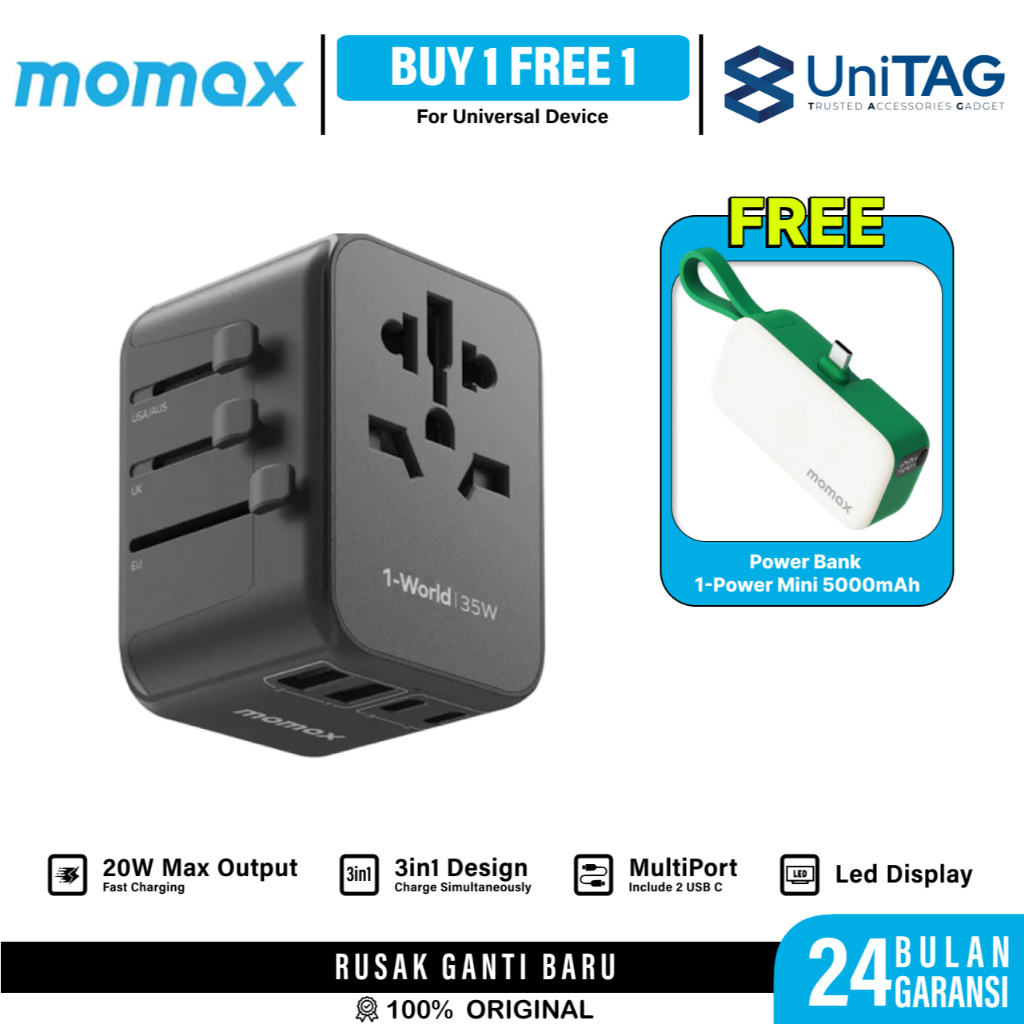 Momax Universal Travel Adaptor Mini 1-World² 5-Port USB- A&C GaN Travel Charger 70W Fast Charging