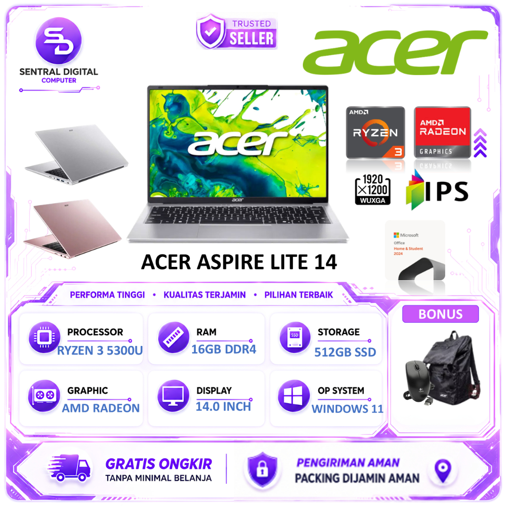Acer Aspire Lite Ryzen 3 5300 Ram 16GB 512GB SSD 14 inch WUXGA IPS Windows 11 Original