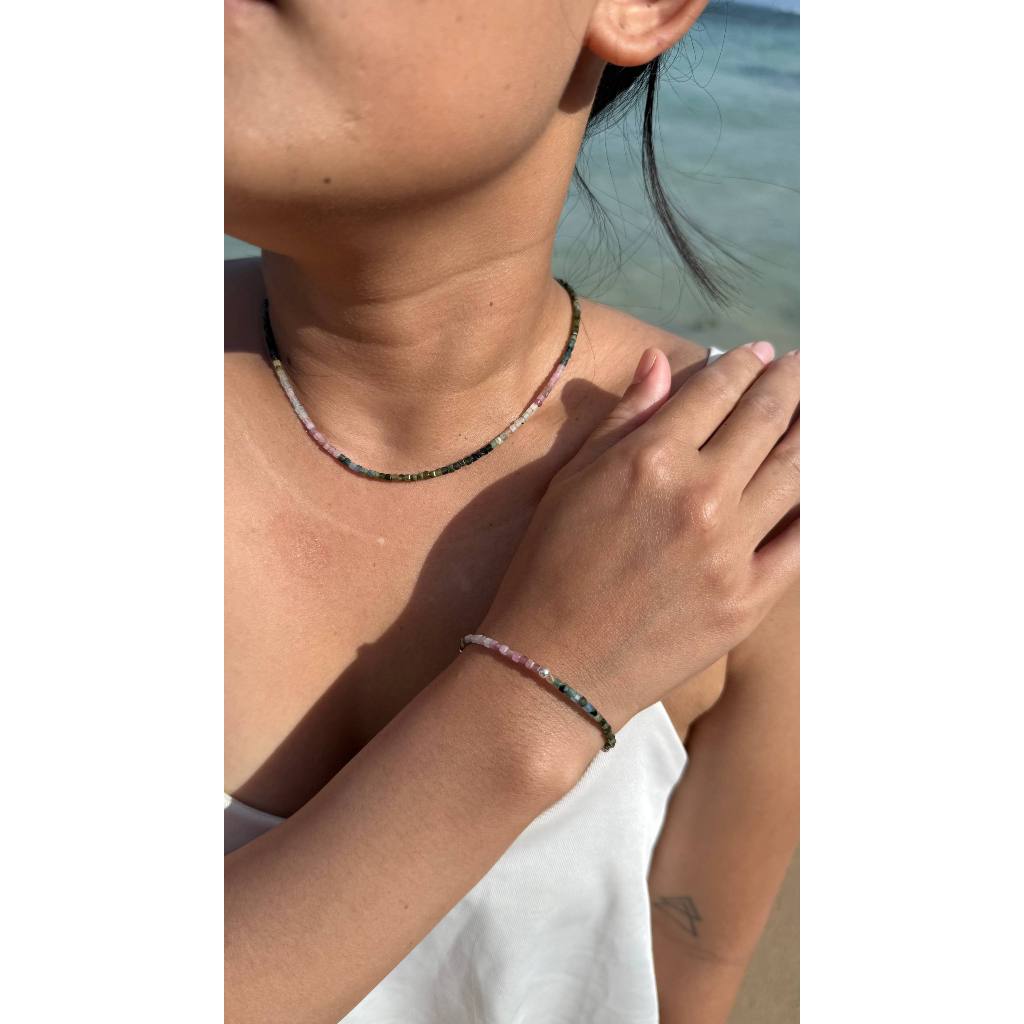 Kalung & Gelang Watermelon Tourmaline - Motif Batu Gradasi