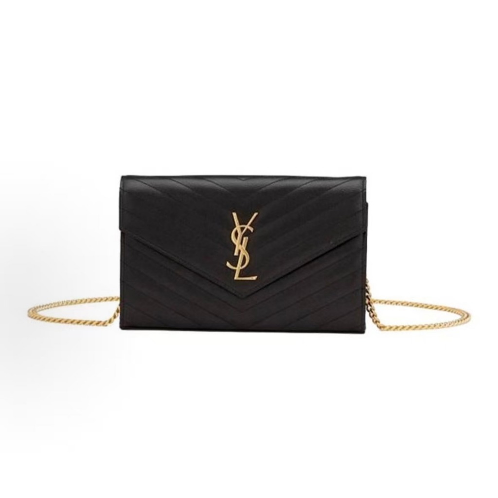 Saint Laurent YSL CASSANDRE Vintage Gold Logo Chain Strap Quilted Grain Embossed Leather Shoulder Ba