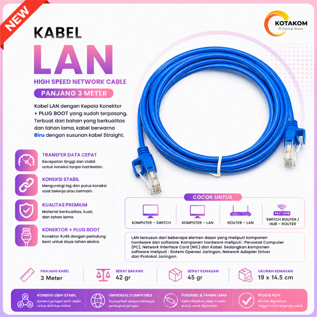KABEL LAN 3 METER RJ45 KABEL LAN TERMURAH BIRU SUDAH TERPASANG RJ45 LAN CABLE + RJ45