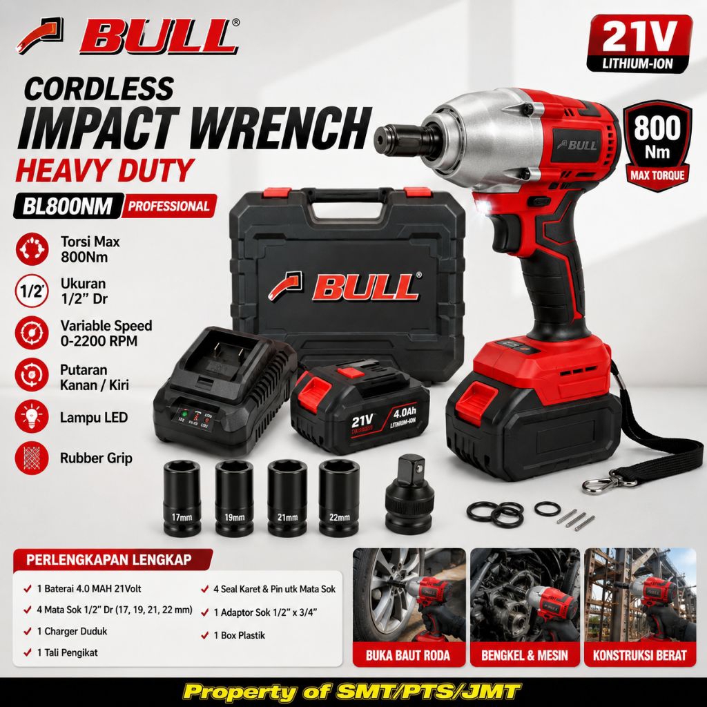 BULL Impact Wrench Cordless BL800NM Bor Torsi Buka Baut Baterai 800NM