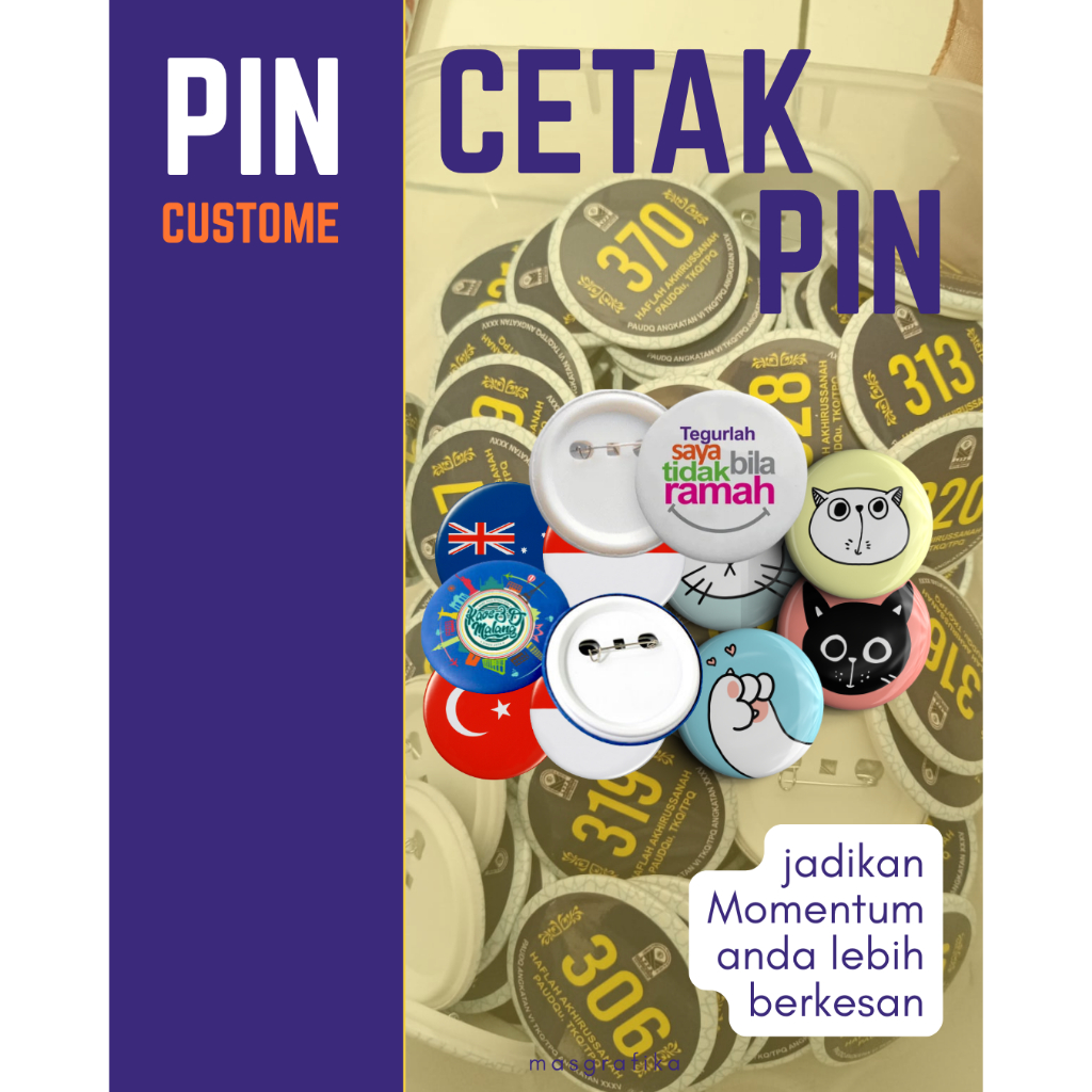 Pin Peniti Bros Custom Full Print 44mm - Desain Bebas, Laminasi Pilihan, Warna Plastik Hitam