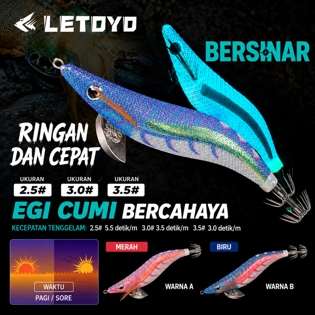 LETOYO SQUID EGI ORIGINAL Umpan Cumi Glow Squid Jig Premium Eging Pancing Cumi Laut