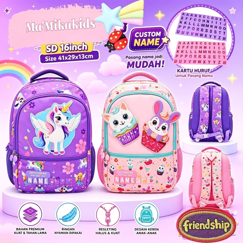 Tas Ransel SD 16"inch Bordir Custome Name Premium Anak Perempuan