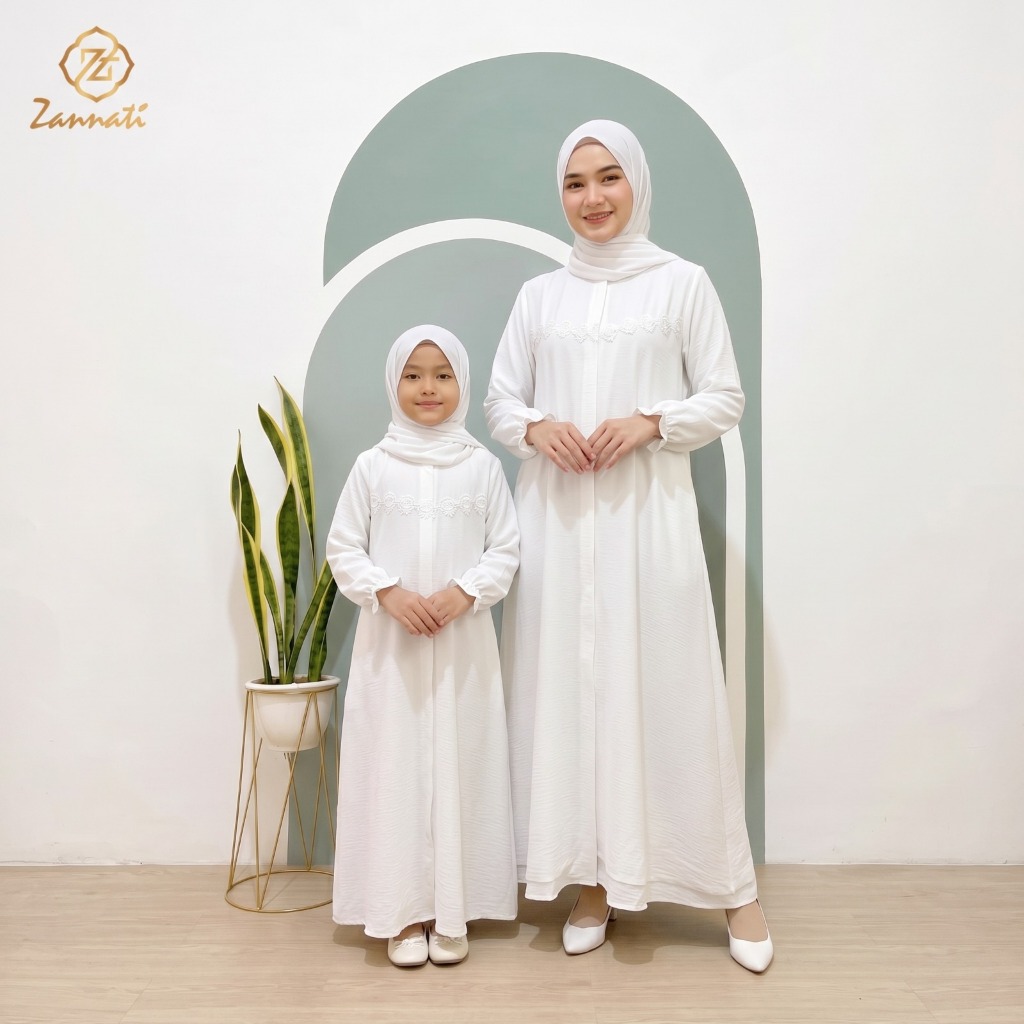 Zannati Gamis Dress Bahan Polo Linen Premium Mix Renda Gamis Anak Remaja Tanggung & Dewasa Putih Hit