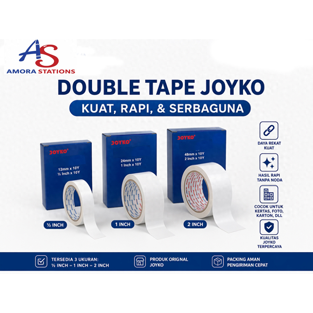 (AS) Double Tape 2 Sisi Warna Putih Joyko 1/2 Inch, 1 Inch/ 2 Inch