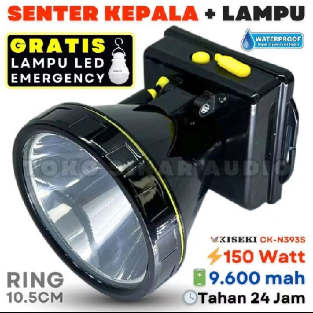 Senter Kepala LED Kiseki CK-N393S 150 Watt Super Terang Waterproof + Bohlam Emergency