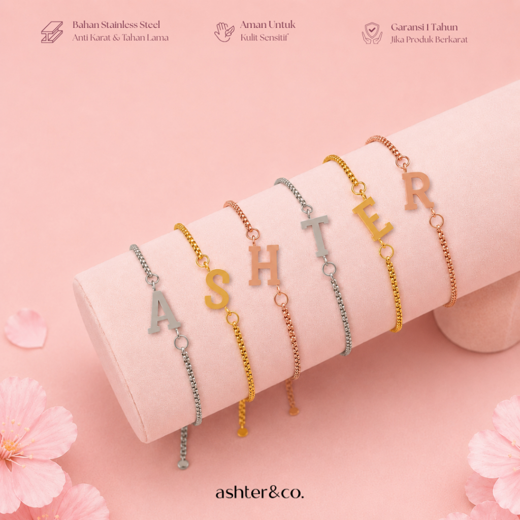 Ashter&Co - Gelang  Freya - Gelang Serut Huruf Inisial -  Titanium Adjustable Initial Bracelet