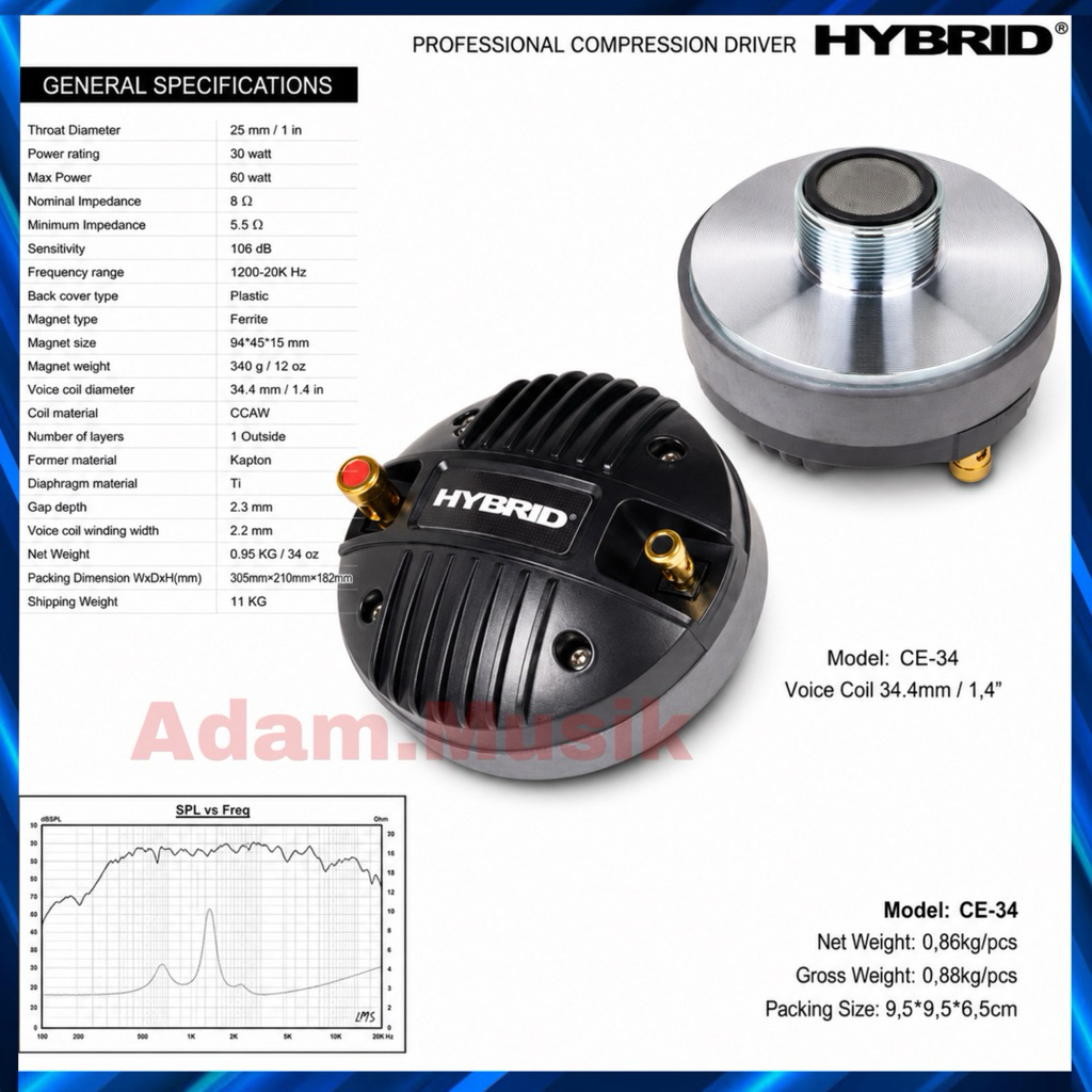 Tweeter Driver HYBRID CE-34 Profesional 1.4 Inch 34.4mm Compression Driver 8 Ohm 30W 60W Horn Speake