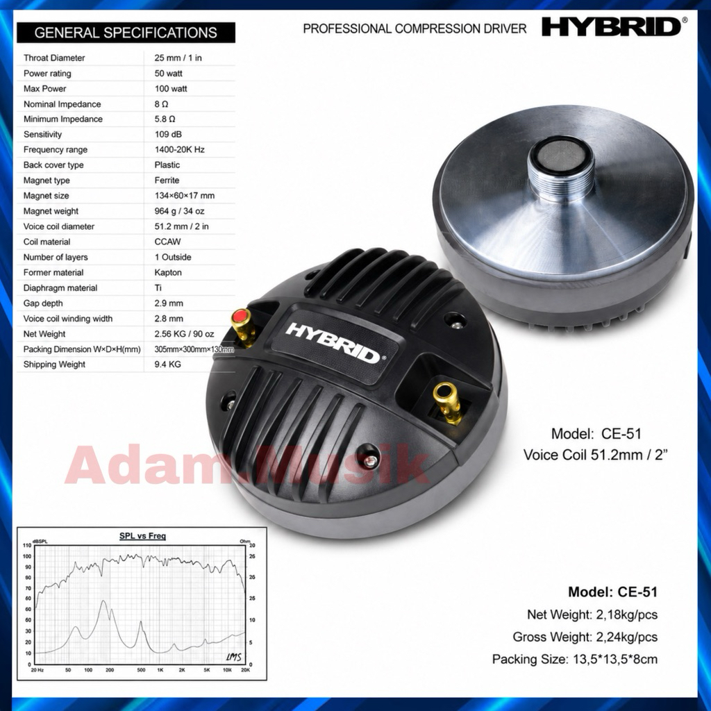 Tweeter Compression HYBRID CE-51 Driver 2 Inch 51.2mm 8 Ohm 50W 100W Horn Speaker Profesional ( BISA