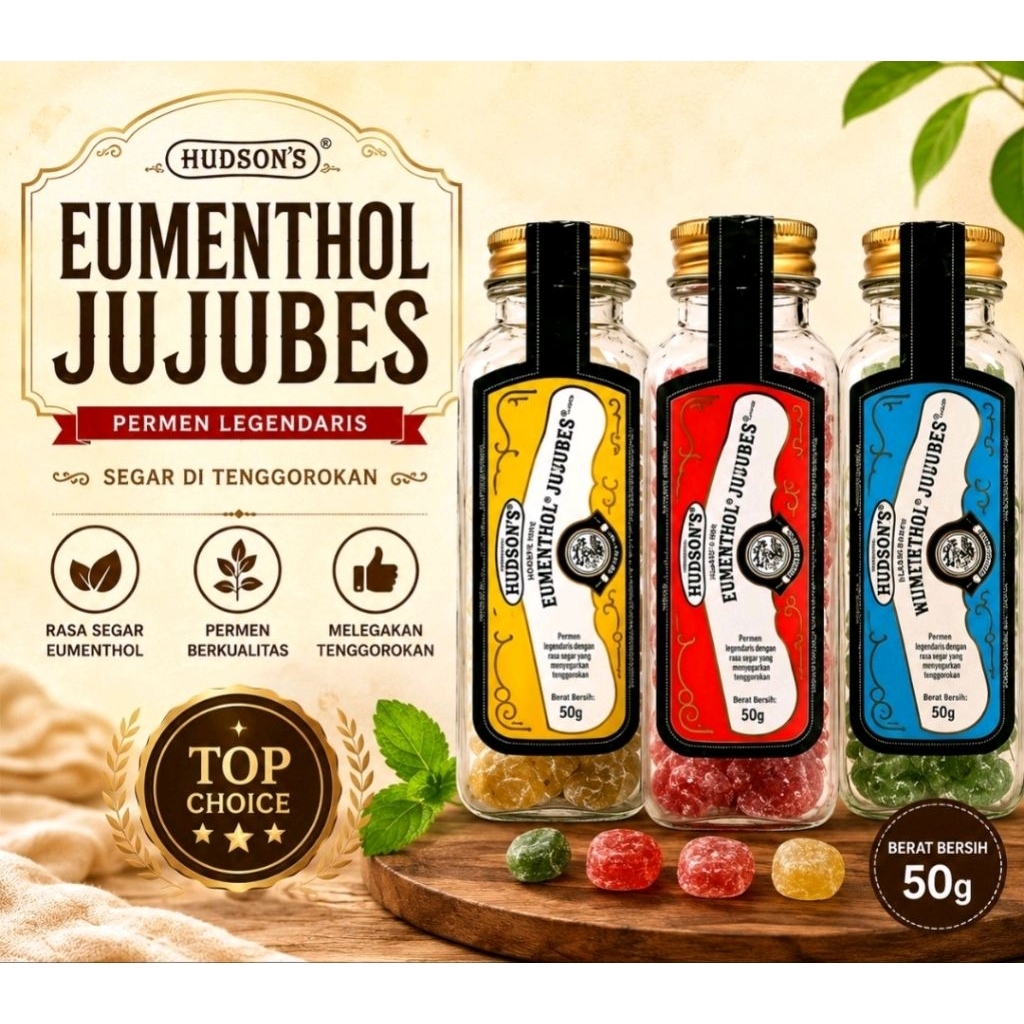 Hudson's Eumenthol Jujubes Classis Honey Lemon Fresh Mint Candy Permen Legendaris Hudson Permen Rasa
