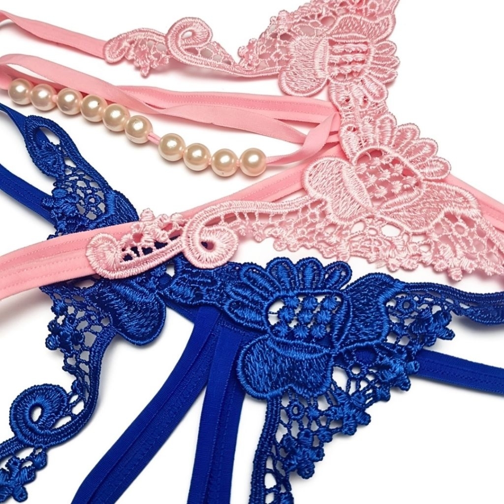 G String mutiara bordir seksi open crotch GS 251 Putih