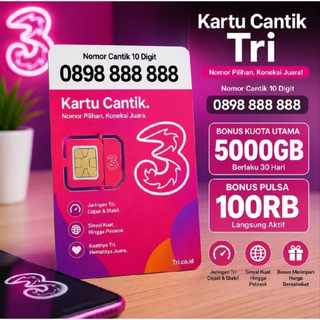 promo kartu perdana TRI 10 digit dengan nomor cantik bonus kuota 5000gb /1tahun bisa di gunakan di s