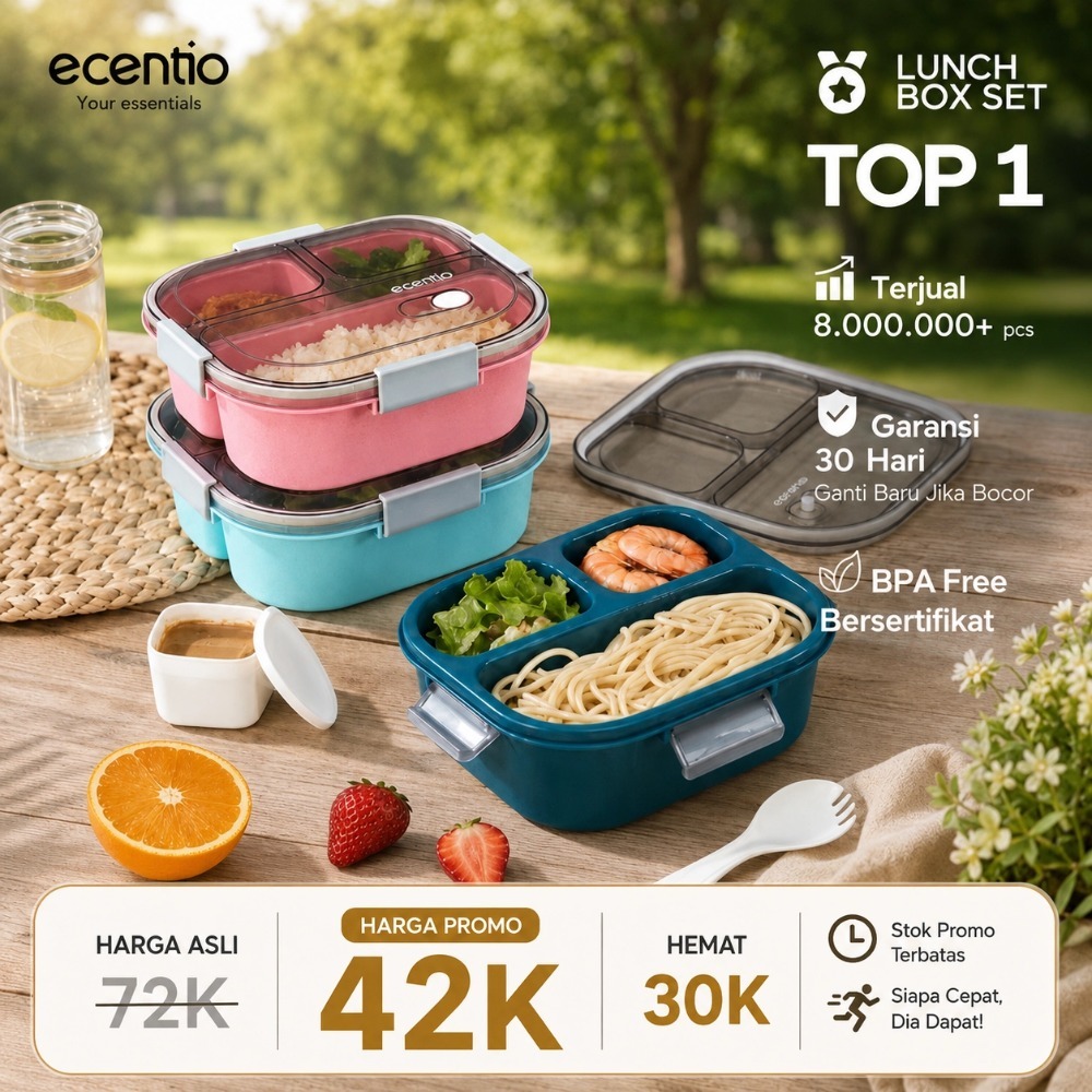 [Versi 2.0] ecentio Kotak Makan 3 Sekat 1100ML Lunch Box Anti Bocor Anti Tumpah BPA Free Tempat Beka
