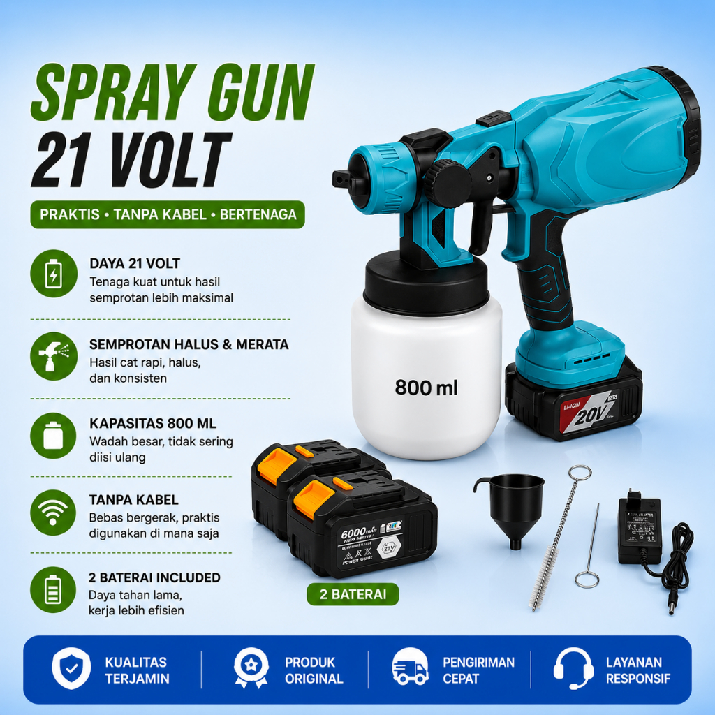 Spray Gun Cordless 800W Alat Semprot Cat Baterai 21V Portable 800ml Elektrik Paint Sprayer Dinding P