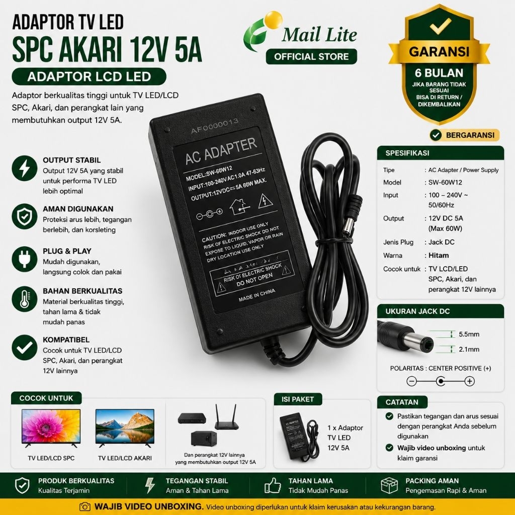 Adaptor TV LED SPC Akari 12V 5A Adaptor LCD LED