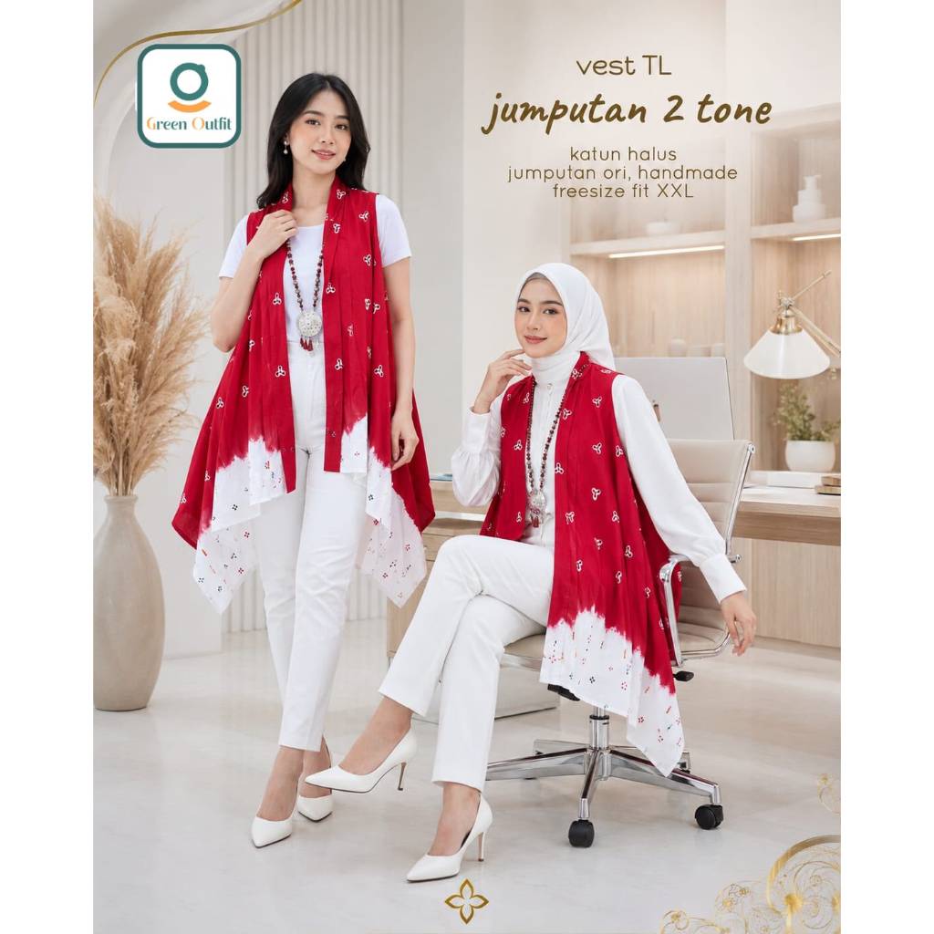 Vest TL Jumputan 2 Tone Outer Batik Jumputan Handmade Katun Halus Freesize Fit XXL Merah Putih