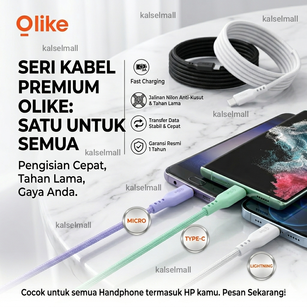 OLIKE Kabel Data Type-C Lightning Micro USB Fast Charging Charger Cesan HP Android iP Awet Kuat