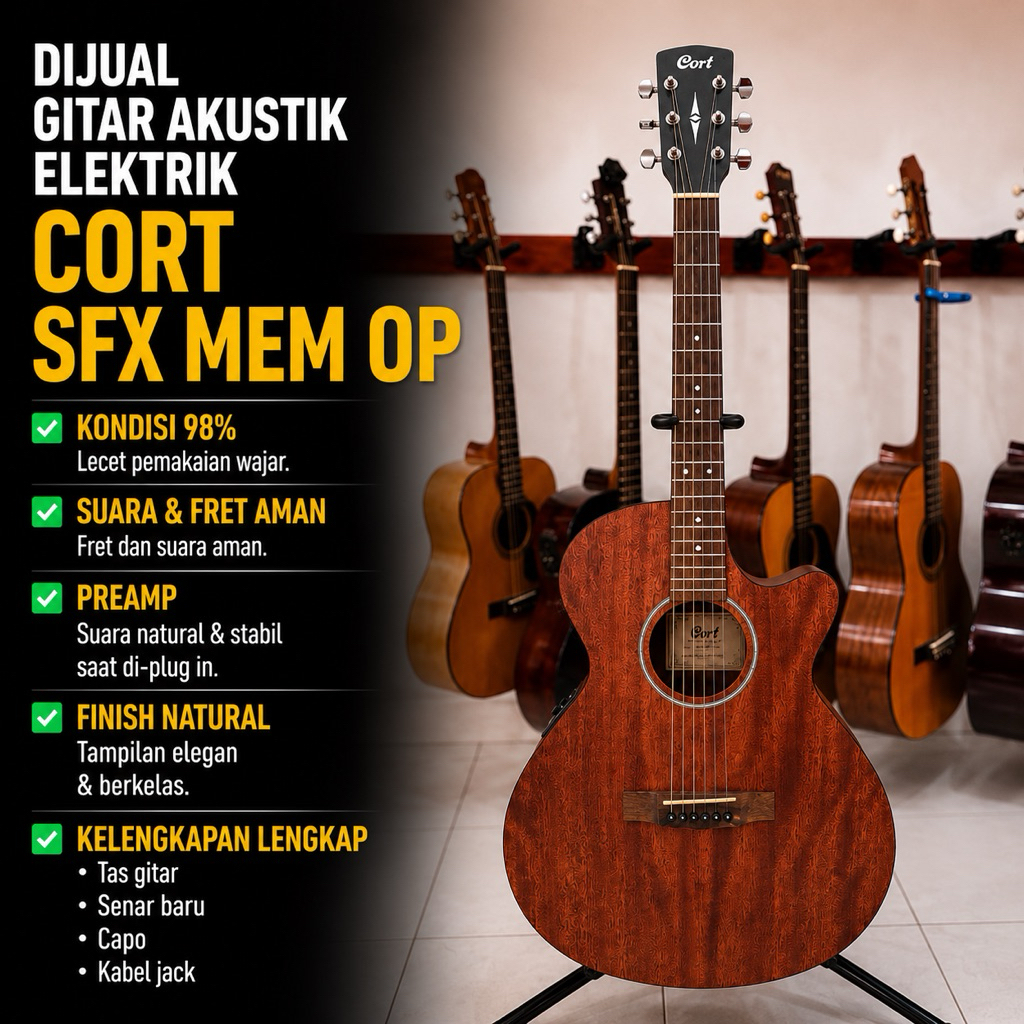 Gitar Akustik Elektrik Cort SFX MEM OP Natural Original Second Bekas 98% Bonus Lengkap