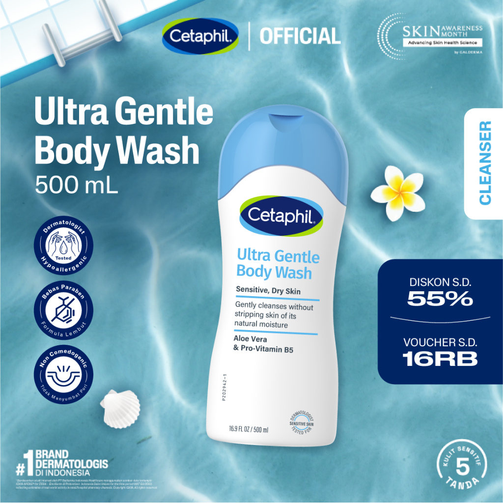 Cetaphil Ultra Gentle Body Wash 500ml dengan Aloe Vera dan Pro Vitamin B5 Sabun Mandi untuk Perawata