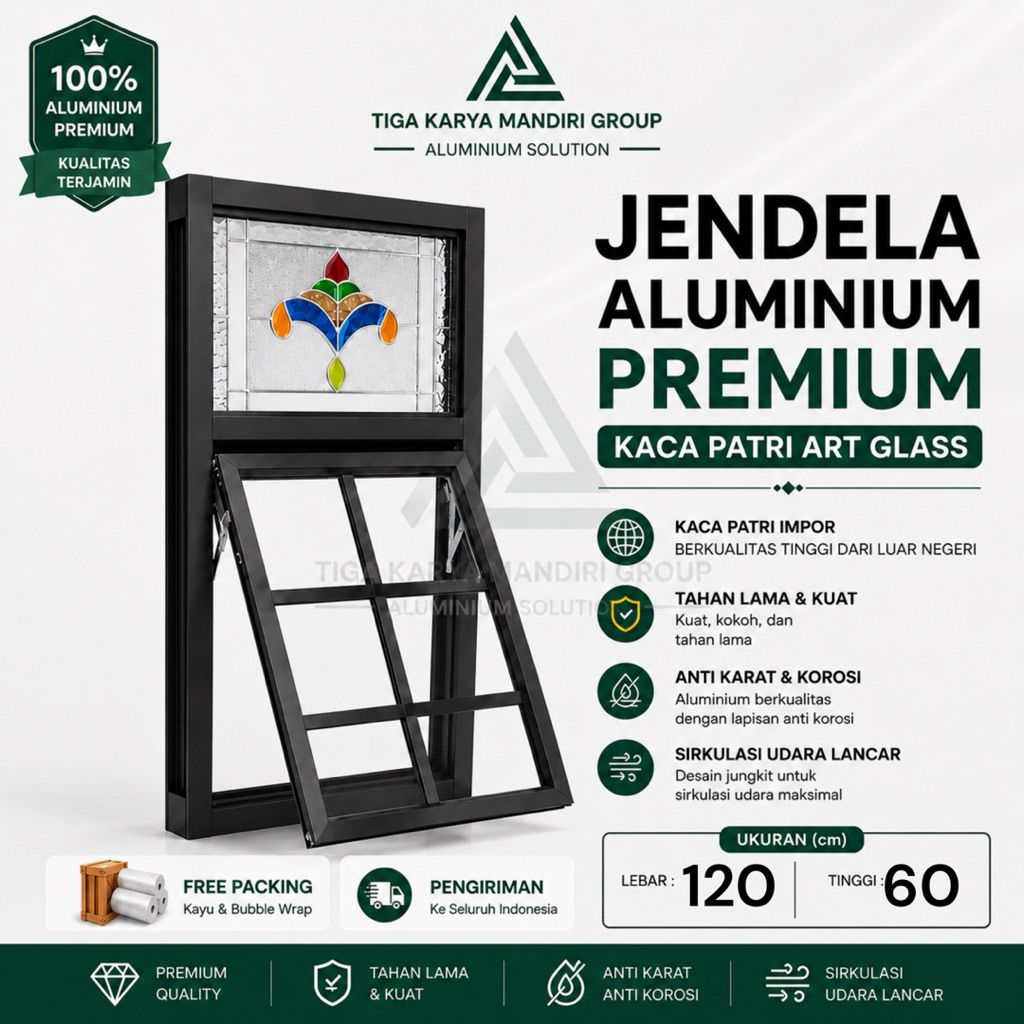 Jendela Aluminium Kaca Patri 120x60 cm | Casement Minimalis Ornamen Modern