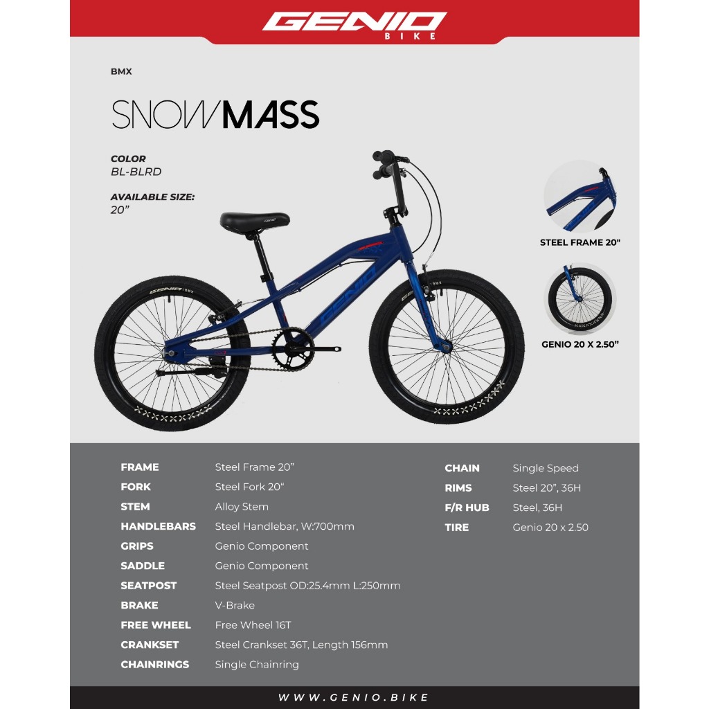 SEPEDA BMX GENIO SNOW MASS 20 INCH BAN JUMBO 2.50 ANAK LAKI LAKI