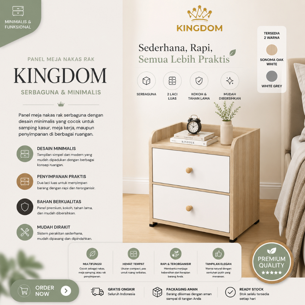 [READY STOCK] KINGDOM PANEL MEJA NAKAS RAK SERBAGUNA MINIMALIS SAMPING KASUR BED SIDE TABLE LACI SER