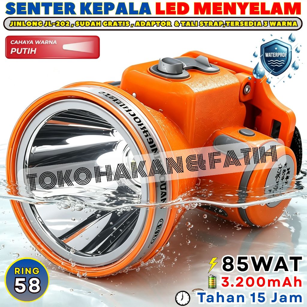 Promo~Senter Kepala LED Menyelam Super Terang | JINLONG JL-202 , Daya Senter 85Watt , Kapasitas bate