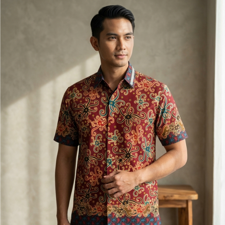 Kain Batik Katun Polyester Premium Motif Surya Kencana Mas - Bahan Kemeja Seragam Dress Mewah[PER 0.