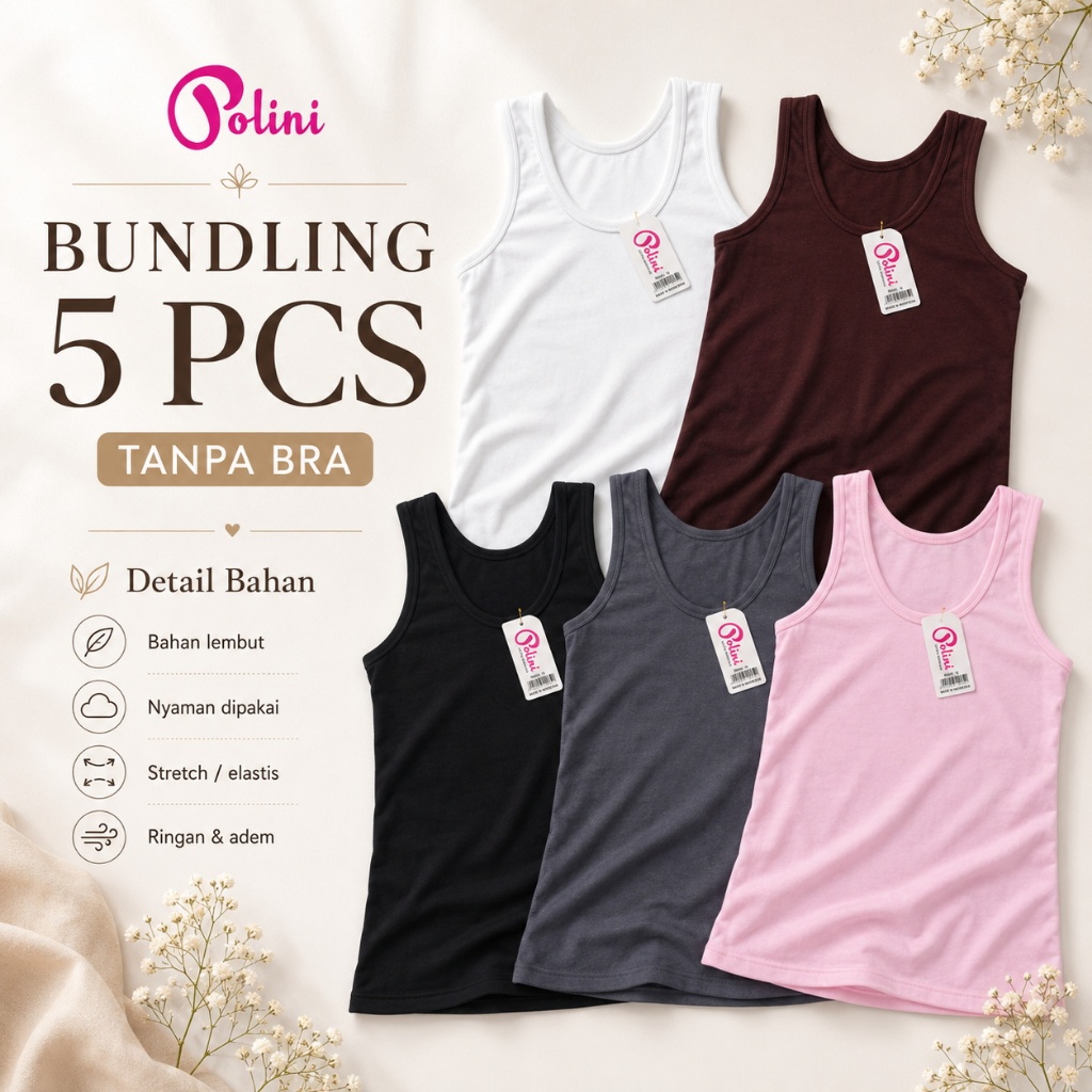 POLINI 5Pcs Tangtop Tali Lebar Bahan Katun Tebal Tangtop Tali Lebar Wanita
