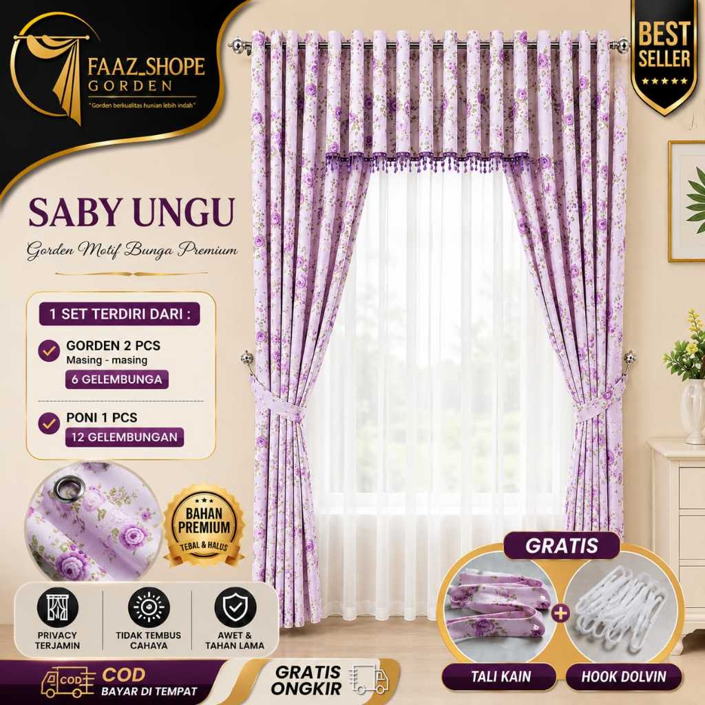 Gorden Jendela 1 Set Poni Pintu Model Smokring 24 Lubang Ring 12 Gelombang Motif Terbaru Shaby Panda