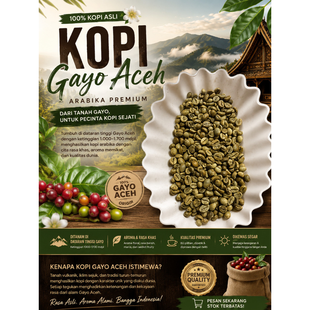 Green Bean Kopi Arabika Gayo Aceh Specialty Grade 1 | Fully Washed | Single Origin | Premium Export 