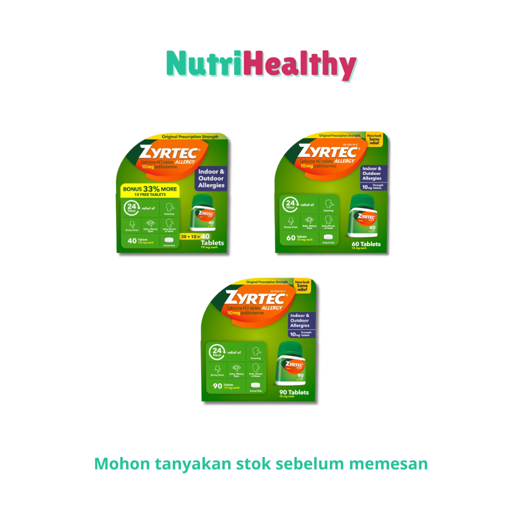 Zyrtec 24 Hour Allergy Relief 60 Tablet - Bekerja 24 Jam untuk Gejala Alergi Dalam & Luar Ruangan