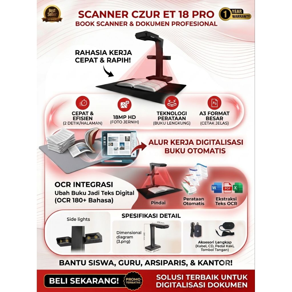 CZUR ET18 Pro Book Scanner Smart Document Scanner A3 18MP HD Garansi Resmi - Alat Pemindai Buku dan 